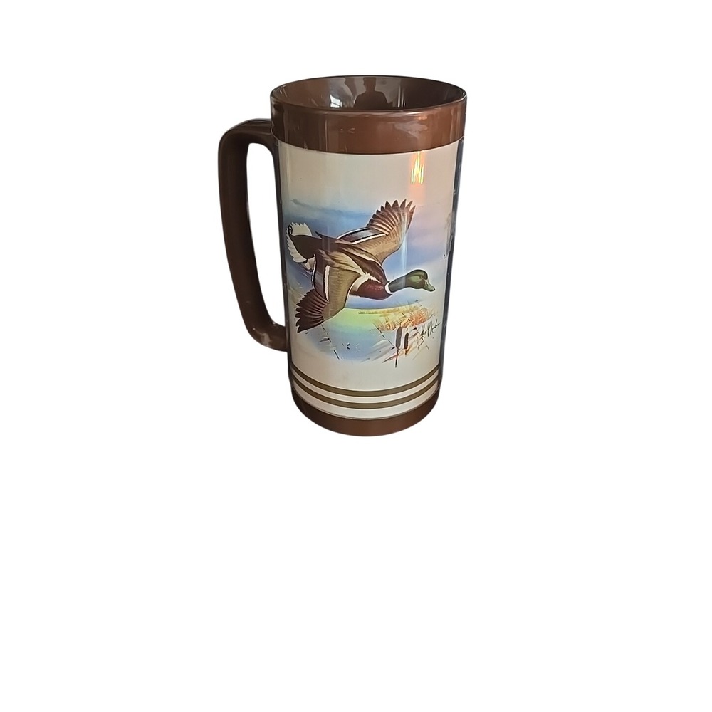 Vintage Thermo-Serv Mallard Duck Insulated Mug‎ Les Kouba Wildlife Stein Brown